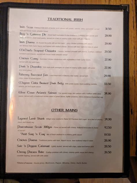 Menu at McDaids Irish Pub, Rosebud