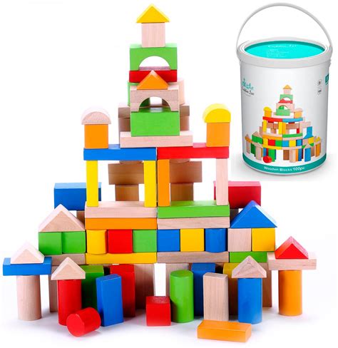 Wooden Building Blocks Set - 100 pc for Toddlers Preschool Age ...