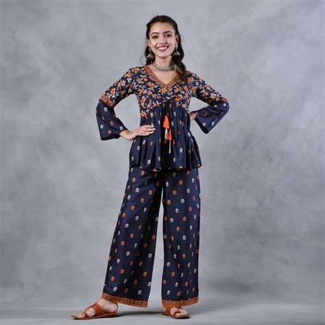 Buy Deep Blue Floral Gathered Top Pant Co-ord Set with Tassels & Bell ...
