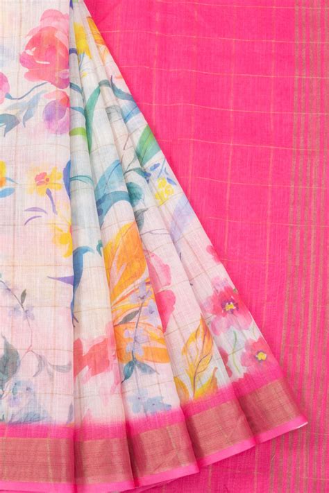Off White Fancy Printed Linen Saree 10070301 – Avishya.com