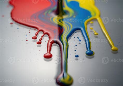 Vibrant primary colors red blue yellow paint dripping and mixing ...