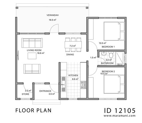Simple 2 bedroom house plan - ID 12105 | 2 bedroom house plans, Simple ...