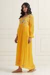 Buy Yellow Chanderi Embroidery V-neck Fit And Flare Dress For Women by ...