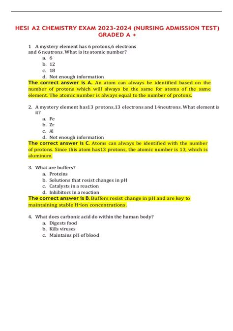 HESI A2 CHEMISTRY EXAM (NURSING ADMISSION TEST) GRADED A + - HESI A2 ...