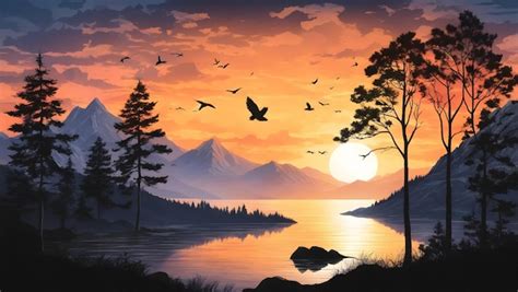 Sunset and silhouettes of trees in the mountains birds flying | Premium ...