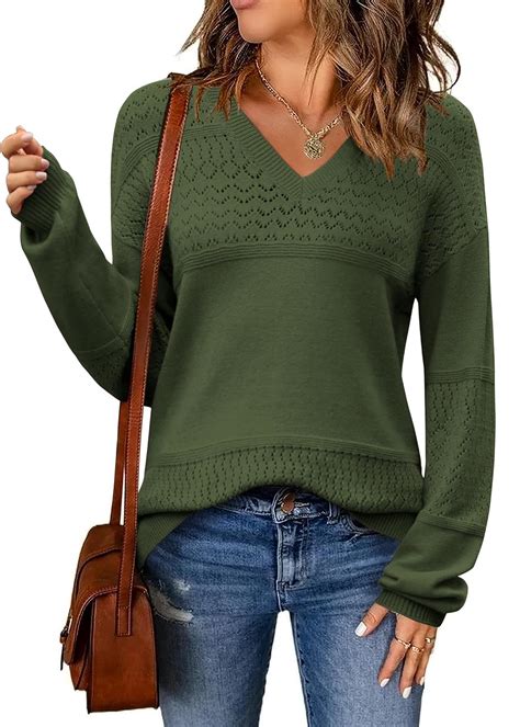 Zeagoo Womens Sweaters Casual Long Sleeve V Neck Lightweight Crochet ...