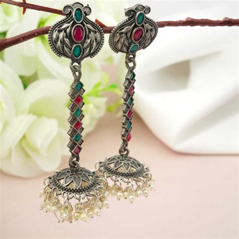 Buy Online Red & Green Crystal Line Jhumkas-Ferosh