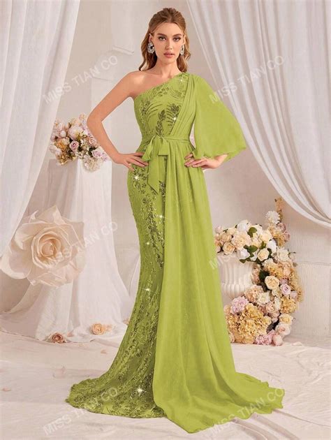 Vrouwen Bloemen Pailletten Een-schouder Lotusblad Mouw Vissenstaart ...