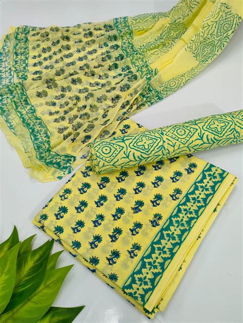 Hand Block Cotton Salwar Suit Set with Chiffon Dupatta - TSPSCFVJ57 ...