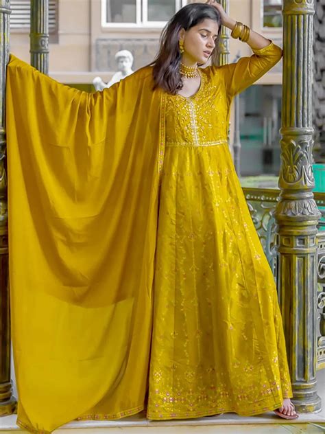 Buy Mustard Self Design Silk Anarkali Kurta With Churidar & Dupatta ...