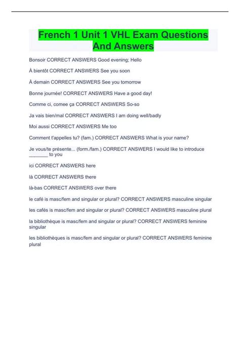 French 1 Unit 1 VHL Exam Questions And Answers - French 1 - Stuvia US