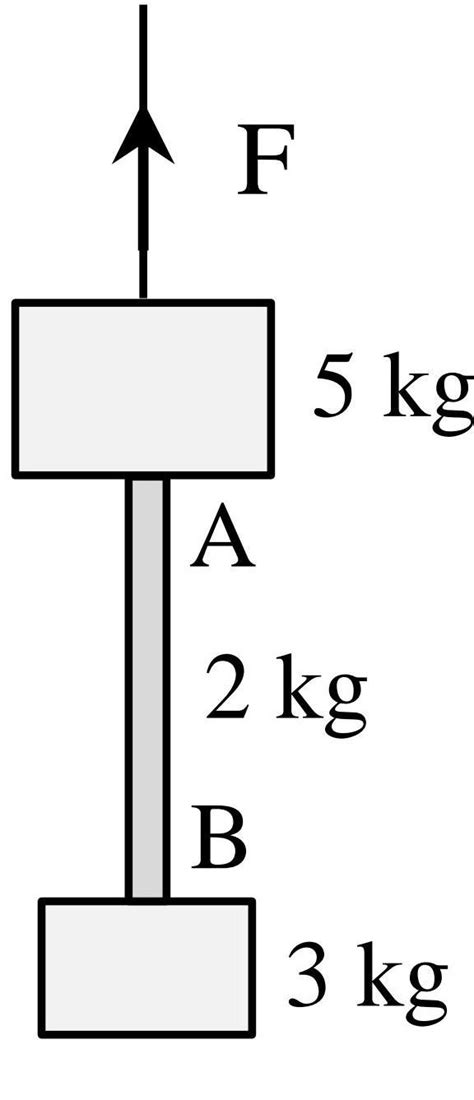 A solid block of mass 3 kg is suspended from the bottom of a 5 kg block ...