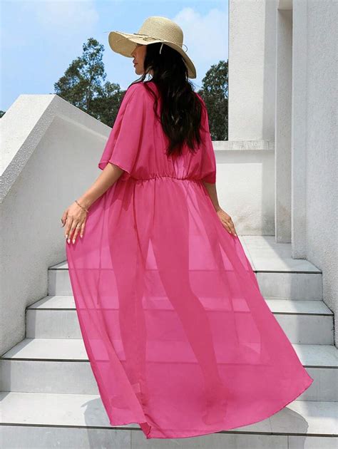 Swim Vcay Solid Color See-Through Butterfly Sleeve Maxi Kimono ...