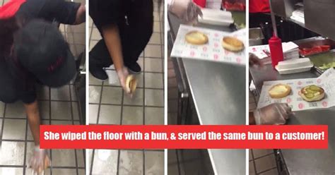 Fastfood Worker Wipes Floor With Bun And Serves To Customer