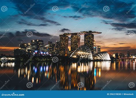 Nighttime View of the Marina Bay Skyline in Singapore, with Its ...
