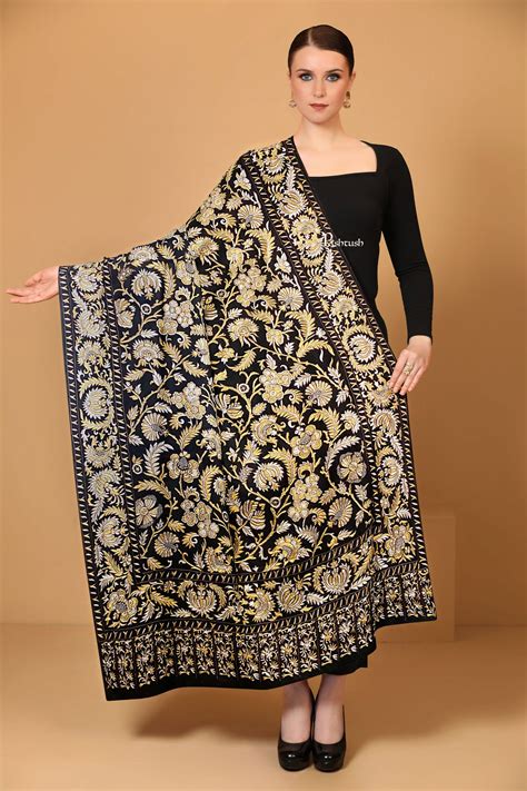 Pashtush Womens Pashmina Shawl, Kashmiri Tilla Work, Handloom, Black ...
