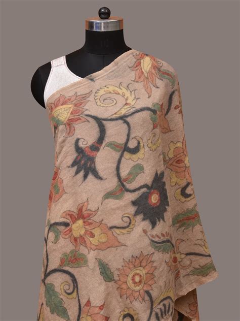 Cream Kalamkari Hand Painted Woolen Handloom Stole with Floral Design ...