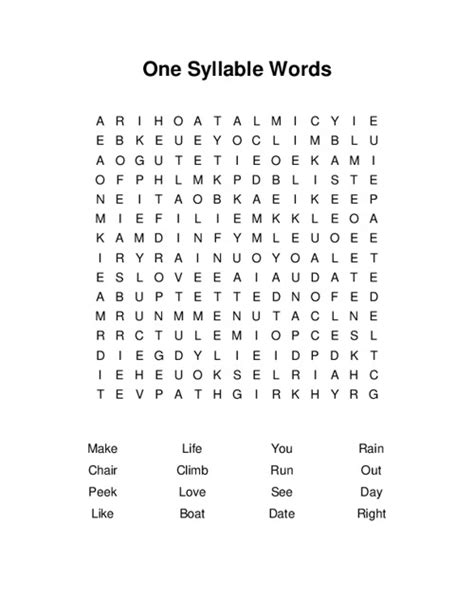One Syllable Words Word Search