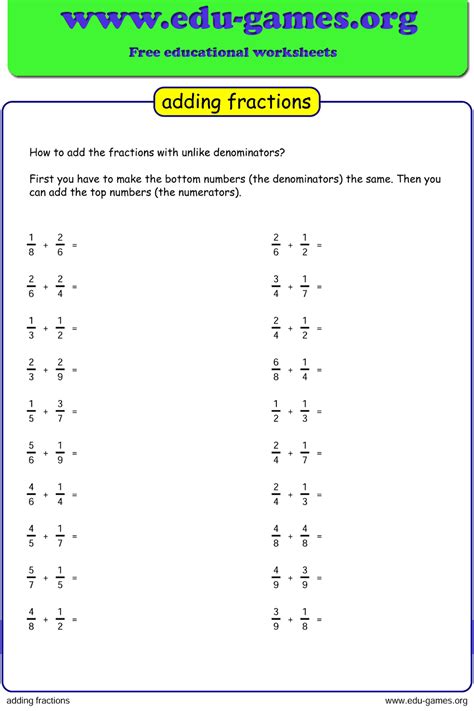 Image result for Adding and Subtracting Unlike Fractions Worksheet