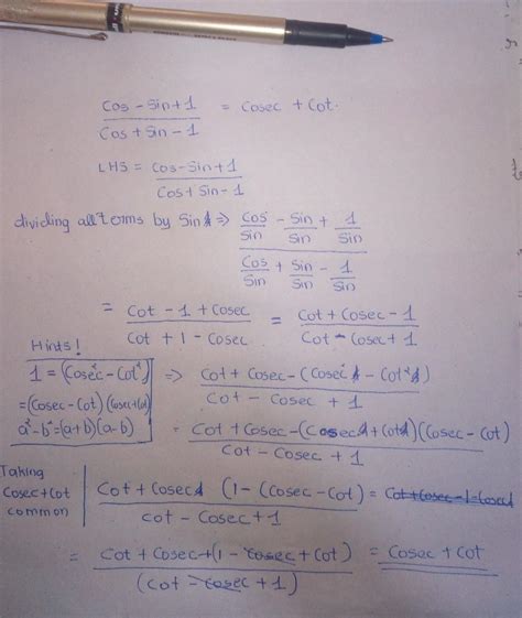 Prove that cos -sin+1/cos+sin-1= cosec +cot - Brainly.in