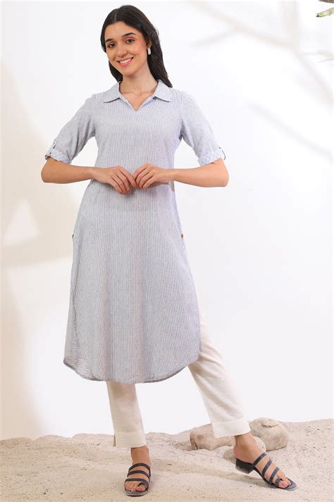 Buy Blue Yarn Dyed Straight Cotton Flax Kurta Online for Woman | Shop ...