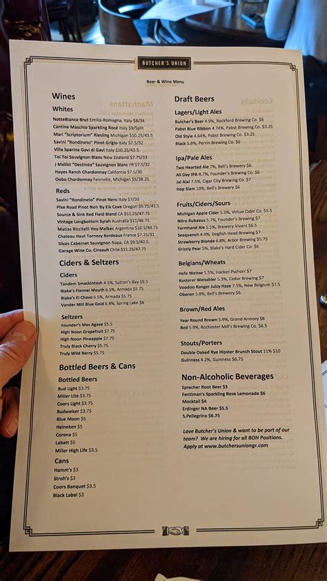 Menu at Butcher's Union pub & bar, Grand Rapids, 438 Bridge St NW