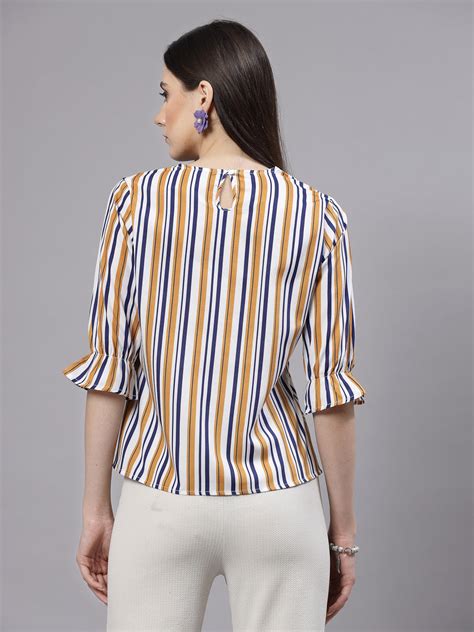Style Quotient Women Mustard and Navy Striped Regular Casual Top ...