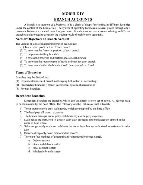 Module 4 - Detailed lecture notes - MODULE IV BRANCH ACCOUNTS A branch ...