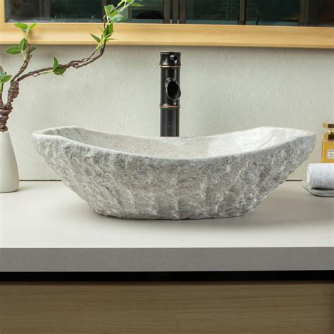 Chiseled Stone Bathroom Vessel Sink - Oval Canoe Shape - 100% Natural ...