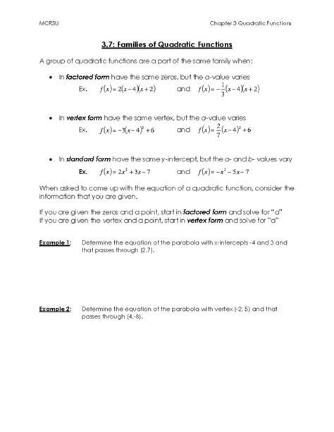 3.7 Families of Quadratic Functions (2022) - MCR3U Chapter 3 Quadratic Functions 3: Families of ...
