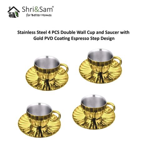4 PCS Double Wall Gold PVD Coating Cup and Saucer - Espresso Step ...