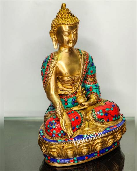 Buy Beautiful Brass Buddha Statue with Stonework | Varada Mudra | 12 ...