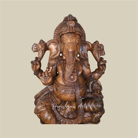36" Wooden Ganesha Idol Seated on Double Petal Lotus Holding Writing N
