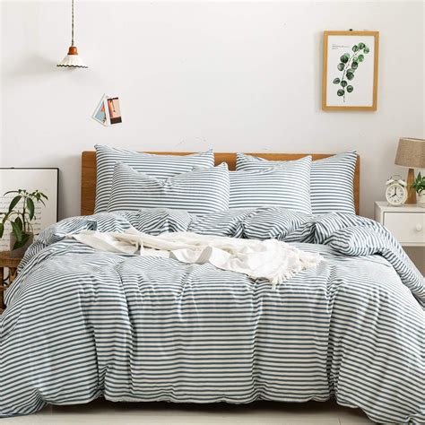 Amazon.com: SUSYBAO Blue White Striped Duvet Cover Queen 100% Washed ...