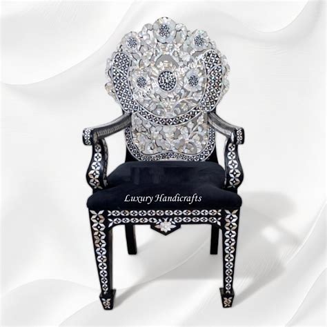Handcarved MOP Inlay Ornate Flower Chair Black – Luxury Handicrafts