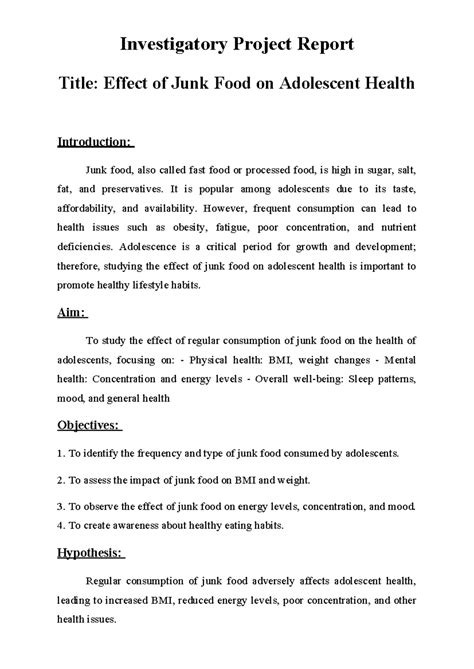 Junk Food and Adolescent Health: Investigatory Project Report - Studocu