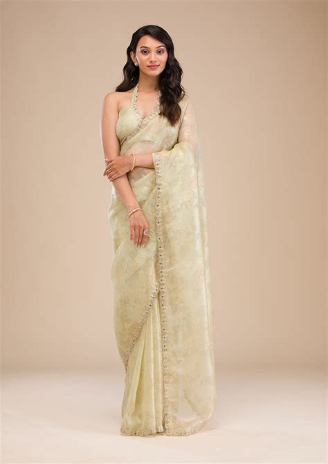 Buy Pista Green Stonework Tissue Saree - Koskii