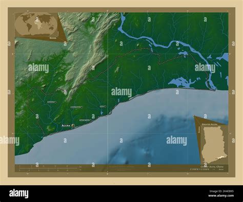 Greater Accra, region of Ghana. Colored elevation map with lakes and ...