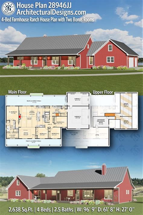 Plan 28946JJ: 4-Bedroom Farmhouse Ranch House Plan with Two Bonus Rooms ...
