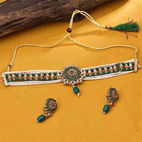 Sukkhi Gold Plated Green Reverse AD & Pearl Choker Necklace Set for Wo