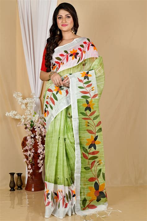 Olive Green Blended Cotton Korel Printed Handloom Saree (2006) | PuJoy ...