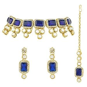Buy Peora 18K Gold Plated Kundan Blue Crystal Necklace Earring Maang ...