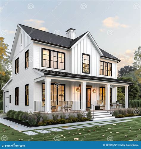 Modern Farmhouse Style House with White Vertical Siding, Black Windows ...