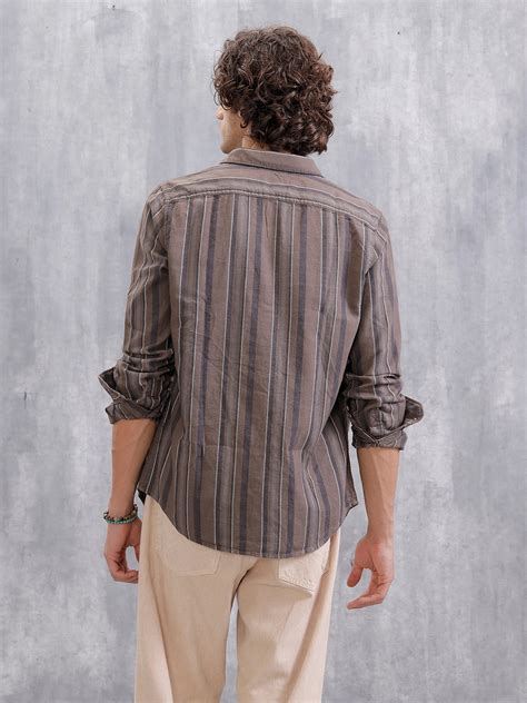 Textured Stripes Slim Fit Shirt | Brown – Wrogn