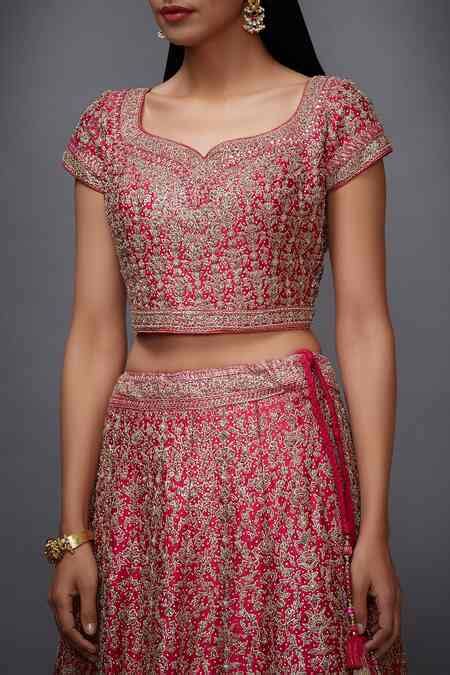 Buy Pink Silk Satin Leaf Neck Embroidered Bridal Lehenga Set For Women ...