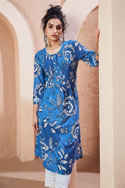 Electric Blue Viscose Straight Kurta at Biba India