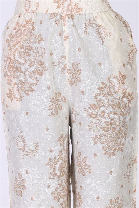 Buy Off White Floral Printed Lace Cotton Straight Kurta with Palazzo Co ...