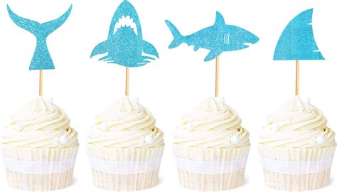 Ercadio 24 Pack Shark Cupcake Toppers Blue Glitter India | Ubuy