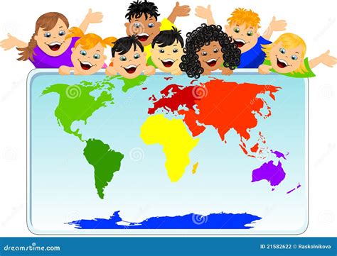 Children with a world map stock illustration. Illustration of cartoon ...