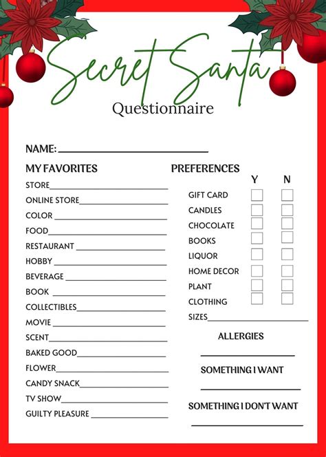 Secret Santa Questionnaire Printable